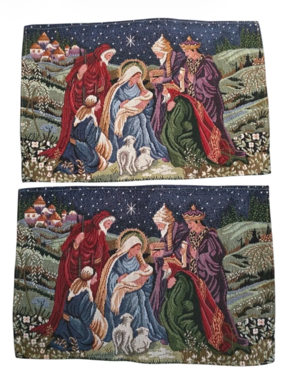 Nativity Placemats Vintage Tapestry Set of 2 Old World Christmas Woven